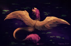 Size: 2560x1664 | Tagged: safe, artist:flightless birdie, artist:ptichorbirdie, derpibooru import, oc, unofficial characters only, pegasus, pony, image, jpeg, leonine tail, lilypad, solo, spread wings, tail, water, wings