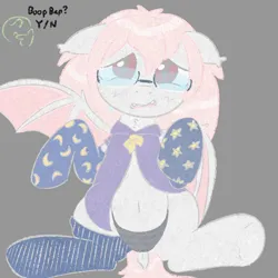 Size: 1020x1020 | Tagged: suggestive, artist:castafae, derpibooru import, oc, oc:anon, oc:midnight oil, unofficial characters only, bat pony, pony, bat pony oc, bat wings, belly, belly button, blush scribble, blushing, cardigan, chest fluff, clothes, crying, dialogue, dock, dork, ear fluff, fangs, floppy ears, glasses, gray background, image, lying down, mismatched socks, neet, nervous, on back, panties, png, ribbon, simple background, socks, solo, spread wings, striped panties, striped underwear, tail, underwear, wings