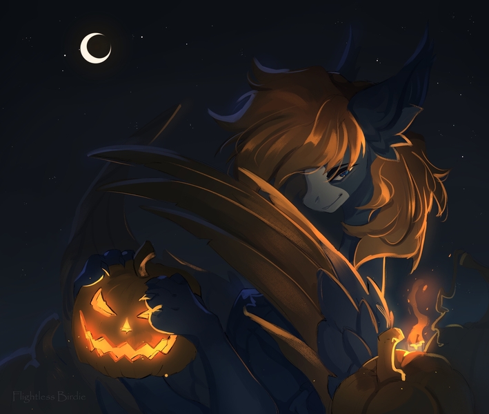 Size: 2560x2166 | Tagged: safe, artist:flightless birdie, derpibooru import, oc, unofficial characters only, pegasus, pony, chest fluff, ear fluff, halloween, holiday, image, jack-o-lantern, jpeg, moon, paws, pumpkin, solo