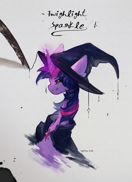 Size: 1861x2560 | Tagged: safe, artist:flightless birdie, derpibooru import, twilight sparkle, pony, g4, cape, clothes, female, hat, image, jpeg, magic, mare, solo, tongue out, witch costume, witch hat