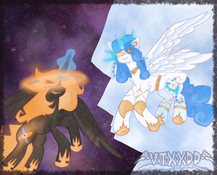 Size: 1280x1034 | Tagged: safe, artist:vtxxdd, derpibooru import, oc, oc:breezing supernovae, oc:gargantua, ponified, unofficial characters only, alicorn, black hole pony, pony, accretion disk, alicorn oc, armor, black hole, blindfold, crying, evil grin, flying, glow, glowing horn, grin, halo, horn, horn blade, image, jpeg, open mouth, sharp teeth, smiling, space, spread wings, teeth, wings