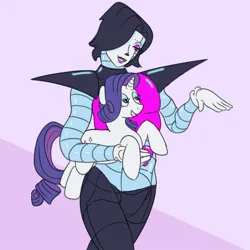 Size: 1000x1000 | Tagged: safe, artist:stiletto, derpibooru import, rarity, pony, robot, unicorn, g4, crossover, duo, duo male and female, female, holding, holding a pony, horn, image, jpeg, male, mettaton, mettaton ex, simple background, smiling, talking, undertale, walking