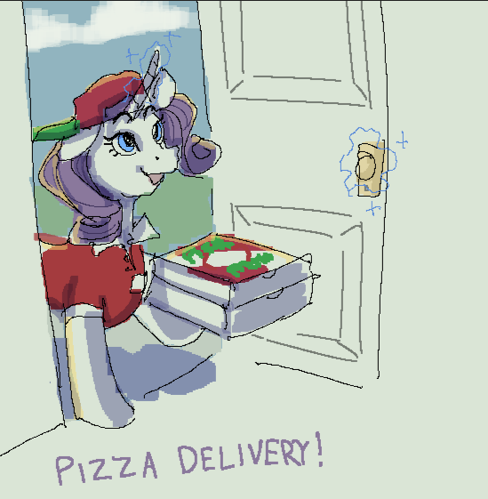 Size: 549x561 | Tagged: safe, artist:stiletto, derpibooru import, rarity, pony, unicorn, g4, clothes, delivery, dialogue, door, female, food, hat, horn, image, magic, mare, open door, pizza, pizza box, pizza delivery, png, simple background, smiling, smiling at someone, solo, solo female, talking, text, uniform, working