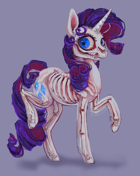 Size: 1628x2048 | Tagged: safe, artist:baccizoof, artist:ridgebacc, derpibooru import, rarity, pony, unicorn, g4, bone, dissectibles, female, freeny's hidden dissectibles, horn, image, jpeg, mare, purple background, simple background, skull, solo