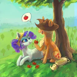 Size: 2048x2048 | Tagged: safe, artist:baccizoof, derpibooru import, applejack, rarity, earth pony, pony, unicorn, g4, apple, apple tree, bandana, bucktooth, duo, female, food, horn, image, jpeg, lesbian, lying down, mare, prone, rarijack, shipping, sitting, tree