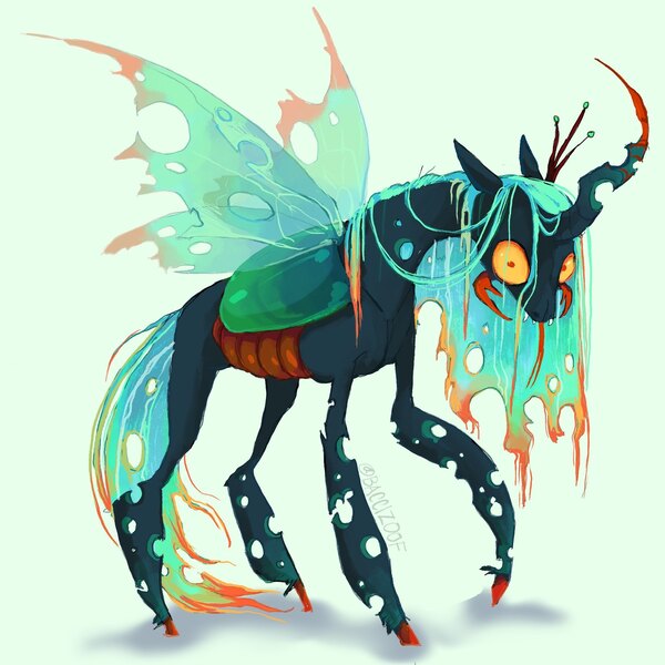 Size: 2048x2048 | Tagged: safe, artist:baccizoof, derpibooru import, queen chrysalis, changeling, changeling queen, g4, alternate design, curved horn, female, horn, image, jpeg, mandibles, simple background, solo, spread wings, wings