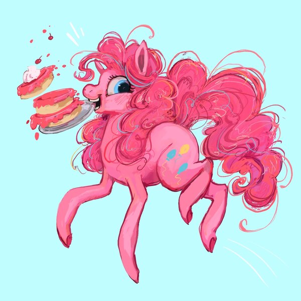 Size: 2048x2048 | Tagged: safe, artist:baccizoof, derpibooru import, pinkie pie, earth pony, pony, g4, blue background, cake, female, food, image, jpeg, jumping, mare, mouth hold, simple background, solo