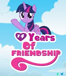 Size: 1280x1486 | Tagged: safe, artist:kuren247, derpibooru import, twilight sparkle, alicorn, pony, g4, cloud, female, image, jpeg, logo parody, looking at you, mare, mlp fim's fourteenth anniversary, sky background, smiling, solo, text, waving