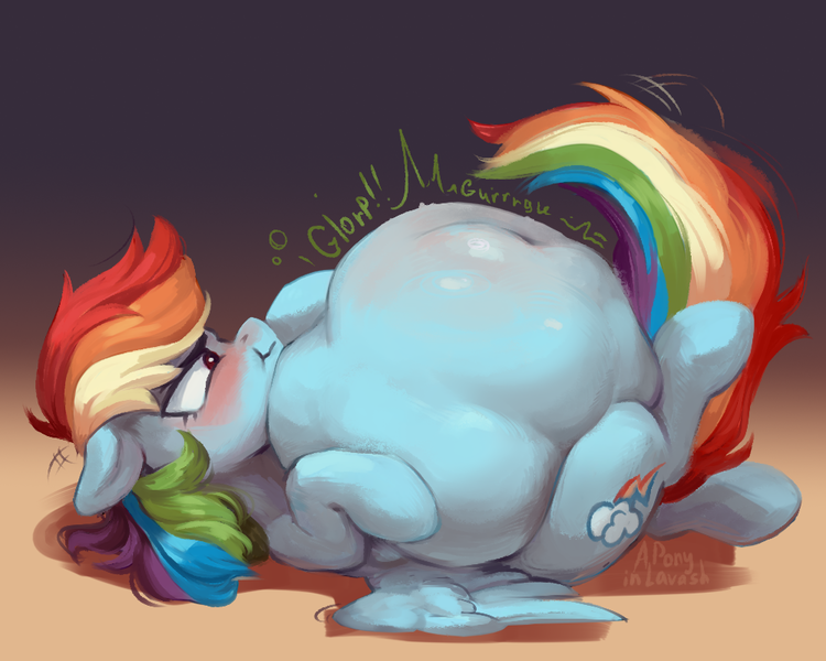 Size: 1000x800 | Tagged: suggestive, artist:apony-in-lavash, derpibooru import, rainbow dash, pegasus, pony, belly, belly button, big belly, blushing, derpibooru exclusive, female, floppy ears, huge belly, image, immobile, impossibly large belly, looking at belly, lying down, mare, mare pred, on back, png, post-vore, preddash, solo, solo female, stomach noise, struggling, unknown prey, vore, wings