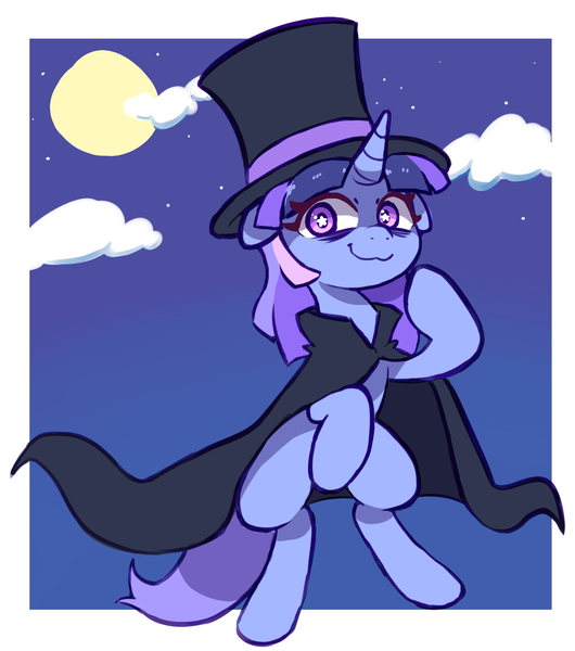 Size: 1273x1441 | Tagged: safe, artist:deerie, derpibooru import, oc, oc:flawless sparklemoon, unofficial characters only, pony, unicorn, bipedal, cloak, clothes, hat, horn, image, moon, night, png, top hat