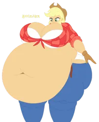 Size: 1280x1584 | Tagged: safe, artist:miss-britt, artist:robmaul02, derpibooru import, applejack, equestria girls, g4, applefat, belly, belly button, belt, big belly, big breasts, bra, breasts, busty applejack, clothes, fat, female, freckles, hat, huge belly, huge breasts, image, morbidly obese, obese, png, shirt, tight clothing, underwear