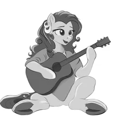 Size: 4000x4000 | Tagged: safe, artist:irschy, derpibooru import, earth pony, pony, clothes, ear piercing, earring, female, guitar, hoof hands, image, jewelry, mare, monochrome, musical instrument, open mouth, piercing, png, shirt, simple background, solo, underhoof