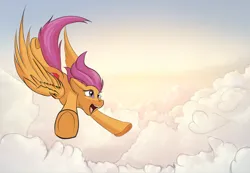 Size: 1500x1036 | Tagged: safe, artist:irschy, derpibooru import, scootaloo, pegasus, pony, cloud, female, flying, image, mare, older, older scootaloo, open mouth, open smile, png, scootaloo can fly, sky, smiling, solo