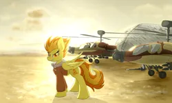 Size: 2500x1500 | Tagged: safe, artist:rejiser, derpibooru import, spitfire, pegasus, pony, ah-64 apache, attack helicopter, bomber jacket, clothes, desert, female, image, jacket, mare, png, smiling, solo