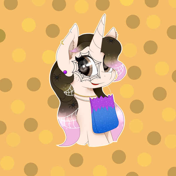 Size: 2000x2000 | Tagged: safe, artist:kathepart, derpibooru import, oc, oc:kinna-ca, unofficial characters only, spider, unicorn, collar, ear piercing, earring, halloween, holiday, horn, image, jewelry, looking at you, piercing, png, simple background, solo, spider web