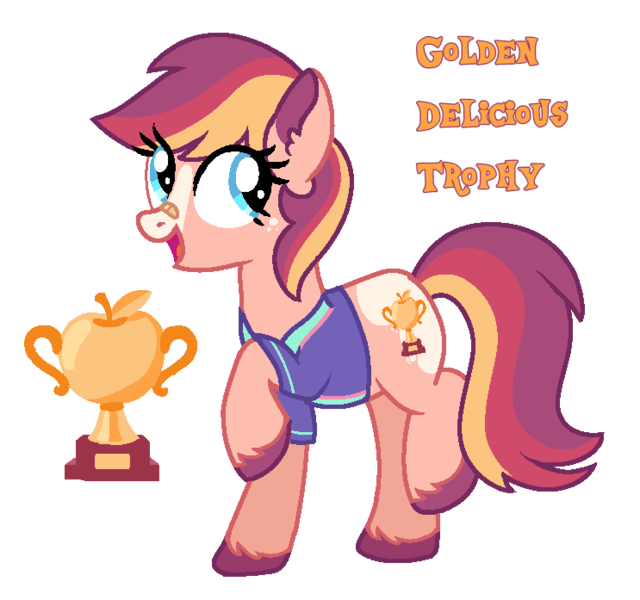 Size: 743x697 | Tagged: safe, derpibooru import, oc, oc:golden delicious trophy, earth pony, bandaid, bandaid on nose, base used, blue eyes, buckball uniform, ear fluff, earth pony oc, freckles, hoof fluff, image, magical lesbian spawn, markings, next generation, offspring, parent:applejack, parent:rarity, parents:rarijack, png, reference sheet, trophy cutie mark, unshorn fetlocks