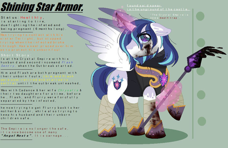 Size: 976x636 | Tagged: semi-grimdark, artist:nightlightapocalypse, derpibooru import, shining armor, alicorn, pony, g4, alicornified, altered cutie mark, armor, bandage, beard, blood, blue eyes, blue mane, blue tail, clothes, coat markings, colored wings, determined look, facial hair, gradient wings, green background, image, implied bisexual, implied cadalis, implied chrysalis, implied crystal empire, implied flurry heart, implied gay, implied lesbian, implied male pregnancy, implied polyamory, implied pregnancy, implied princess cadance, implied shiningsentry, implied twilight sparkle, infection au, jpeg, magic, male, male pregnancy, pregnant, race swap, shiningcorn, shoes, simple background, spear, stallion, tail, telekinesis, the angel disease, three toned mane, three toned tail, two toned wings, weapon, white coat, wings