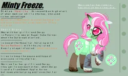 Size: 769x458 | Tagged: semi-grimdark, artist:nightlightapocalypse, derpibooru import, minty, pony, unicorn, g3, g4, blood, blood stains, clothes, coat markings, feather, feather in hair, g3 to g4, generation leap, gloves, green background, green coat, horn, image, implied derpy, implied lesbian, implied nurse redheart, implied ponyville, implied sugarcube corner, implied sweet apple acres, infection au, jpeg, mask, pink eyes, pink mane, ponytail, simple background, socks, two toned mane