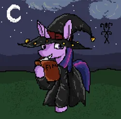 Size: 596x584 | Tagged: safe, artist:damset, derpibooru import, twilight sparkle, alicorn, unicorn, g4, book, clothes, cloud, digital art, female, horn, image, mlp fim's fourteenth anniversary, moon, ms paint, night, nightmare night, pixel art, png, solo, stars, witch