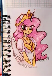 Size: 2152x3135 | Tagged: safe, artist:dariarchangel, derpibooru import, princess celestia, alicorn, human, g4, alicorn wings, beads, beautiful, celestia's crown, choker, chokerlestia, clothes, cute, cutelestia, dress, eared humanization, ethereal hair, female, gem, gloves, halfbody, horn, horned humanization, humanized, image, jewelry, jpeg, long hair, long horn, necklace, peytral, photo, pink eyes, pink hair, pink-mane celestia, pretty, puffy sleeves, sketchbook, solo, unicorn horn, white dress, winged humanization, wings, woman, young celestia