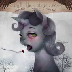 Size: 650x650 | Tagged: semi-grimdark, artist:crookedtrees, derpibooru import, sweetie belle, pony, unicorn, g4, creepy, crying, eating, female, filly, foal, fork, horn, image, jpeg, looking at you, solo