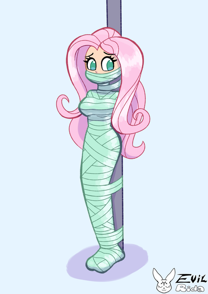 Size: 2894x4093 | Tagged: suggestive, artist:evilrida, derpibooru import, fluttershy, human, g4, blue background, bondage, bound and gagged, breasts, busty fluttershy, female, gag, high res, humanized, image, looking sideways, mummification, mummified, no pupils, png, pole tied, signature, simple background, solo, solo female, tape, tape bondage, tape gag