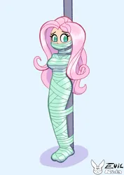 Size: 2894x4093 | Tagged: suggestive, artist:evilrida, derpibooru import, fluttershy, human, g4, blue background, bondage, bound and gagged, breasts, busty fluttershy, female, gag, high res, humanized, image, looking sideways, mummification, mummified, no pupils, png, pole tied, signature, simple background, solo, solo female, tape, tape bondage, tape gag