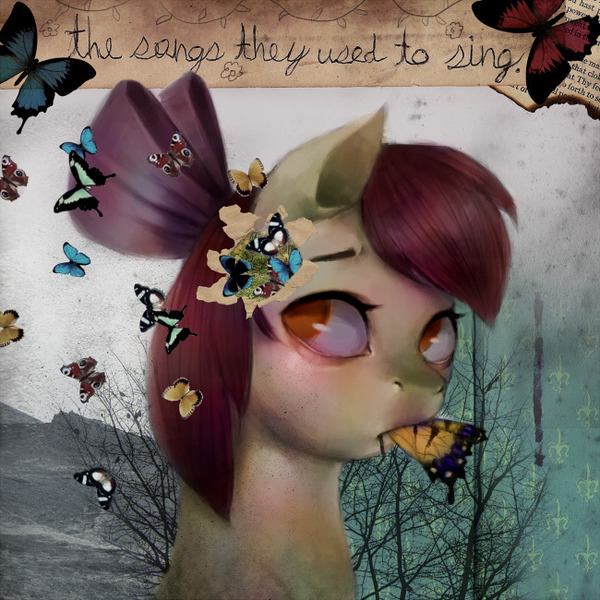 Size: 650x650 | Tagged: semi-grimdark, artist:crookedtrees, derpibooru import, apple bloom, butterfly, earth pony, insect, pony, g4, female, filly, foal, image, jpeg, photo, ponies eating insects, solo, tree