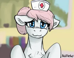 Size: 1363x1070 | Tagged: safe, artist:reddthebat, derpibooru import, nurse redheart, earth pony, pony, g4, bust, chest fluff, female, floppy ears, image, jpeg, lidded eyes, looking at you, mare, signature, smiling, smiling at you, solo