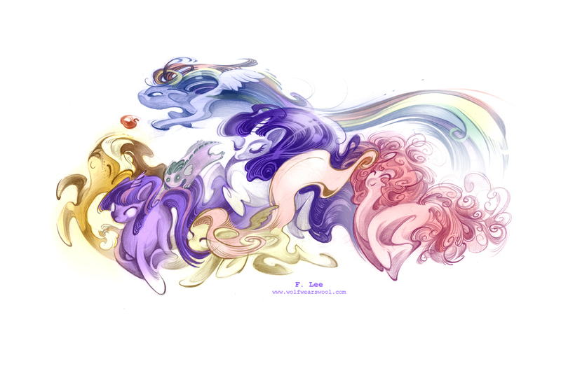 Size: 1200x800 | Tagged: safe, artist:fleebites, derpibooru import, applejack, fluttershy, pinkie pie, rainbow dash, rarity, spike, twilight sparkle, dragon, earth pony, pegasus, pony, unicorn, g4, abstract, female, horn, image, jpeg, male, mane seven, mane six, mare, simple background, surreal, unicorn twilight, white background