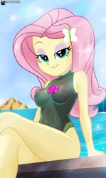 Size: 922x1548 | Tagged: suggestive, artist:charliexe, ponerpics import, fluttershy, equestria girls, beach, breasts, clothes, female, image, jpeg, one eye closed, one-piece swimsuit, seductive pose, solo, solo female, swimsuit