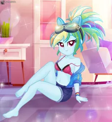 Size: 2905x3168 | Tagged: suggestive, artist:charliexe, ponerpics import, rainbow dash, equestria girls, aphrodisiac, bra, breasts, clothes, crop top bra, feet, female, image, jpeg, looking at you, solo, solo female, underwear, wingding eyes