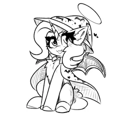 Size: 2000x2000 | Tagged: safe, artist:jubyskylines, derpibooru import, trixie, pony, unicorn, bat wings, big eyelashes, black and white, cape, cardboard wings, chest fluff, clothes, costume, fake wings, grayscale, halloween, halloween costume, hat, holiday, horn, image, monochrome, png, simple background, solo, white background, wings