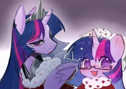 Size: 2160x1529 | Tagged: safe, artist:moshuijiumu, derpibooru import, twilight sparkle, twilight sparkle (alicorn), alicorn, pony, blushing, body armor, broken horn, chibi, clothes, crown, female, glasses, gradient background, hat, horn, image, jewelry, jpeg, mare, older, older twilight, older twilight sparkle (alicorn), regalia, sparkles, upper body, winter outfit