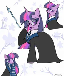 Size: 1735x2048 | Tagged: safe, derpibooru import, twilight sparkle, pony, unicorn, clothes, fanart, glasses, harry potter, harry potter (series), horn, image, jpeg, scarf, wand