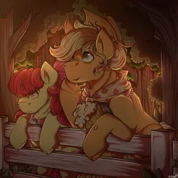 Size: 1000x1000 | Tagged: safe, artist:binibean, derpibooru import, apple bloom, applejack, earth pony, pony, g4, the last problem, cider mug, duo, female, fence, image, jpeg, mare, mug, older, older apple bloom, older applejack, signature, speedpaint available, sweet apple acres