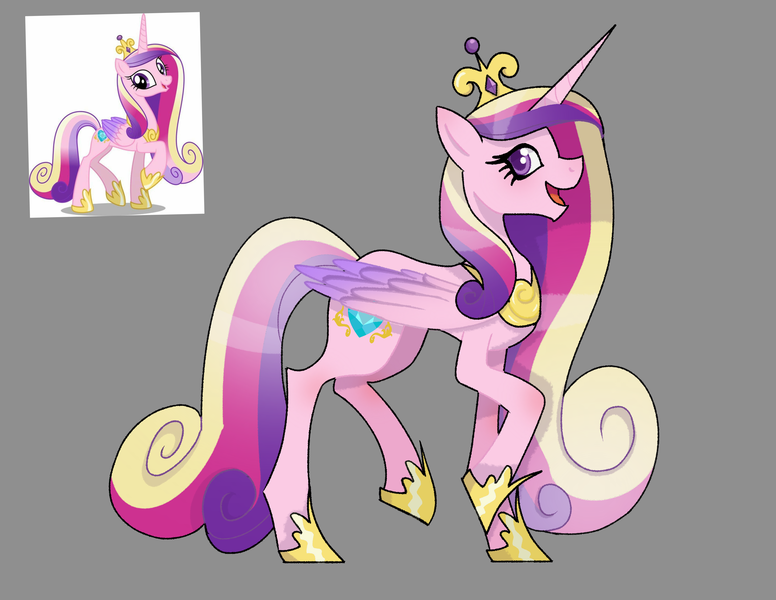 Size: 3300x2550 | Tagged: safe, artist:itsmaye07, derpibooru import, princess cadance, alicorn, pony, g4, colored, concave belly, crown, eyelashes, female, folded wings, gray background, hoof shoes, image, jewelry, long mane, looking at you, looking sideways, mare, open mouth, open smile, peytral, png, princess shoes, reference used, regalia, shading, side view, simple background, slender, smiling, solo, standing on two hooves, thin, wings