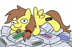 Size: 2048x1350 | Tagged: safe, artist:jargon scott, derpibooru import, oc, oc:rory kenneigh, pony, cartridge, cute, facial hair, goatee, hug, image, jpeg, lying down, male, simple background, smiling, stallion, video game, white background