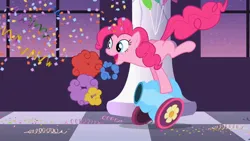 Size: 1280x720 | Tagged: safe, derpibooru import, screencap, pinkie pie, earth pony, pony, g4, confetti, female, image, jpeg, party cannon, solo