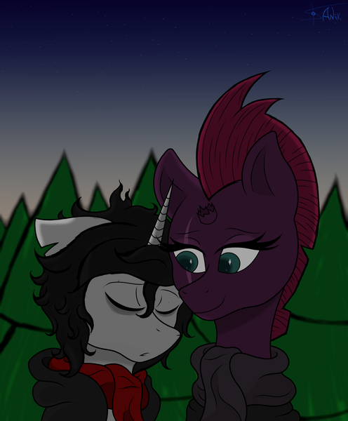 Size: 1900x2300 | Tagged: safe, artist:anix_space, derpibooru import, tempest shadow, oc, oc:anix, unicorn, broken horn, canon x oc, clothes, dawn, duo, forest, horn, image, nature, png, scarf, simple background, sleeping, tree