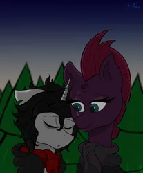 Size: 1900x2300 | Tagged: safe, artist:anix_space, derpibooru import, tempest shadow, oc, oc:anix, unicorn, broken horn, canon x oc, clothes, dawn, duo, forest, horn, image, nature, png, scarf, simple background, sleeping, tree