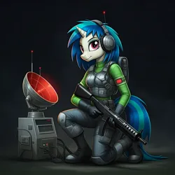 Size: 1024x1024 | Tagged: safe, ai content, derpibooru import, generator:google imagen 3.0, machine learning generated, prompter:zerowinger, vinyl scratch, anthro, plantigrade anthro, unicorn, series:g.i. pony: a real equestrian hero, g4, assault rifle, backpack, breasts, clothes, cosplay, costume, female, g.i. joe, gradient background, gun, headphones, horn, image, jpeg, kneeling, military uniform, psyche-out, rifle, smiling, solo, transmitter, uniform, weapon