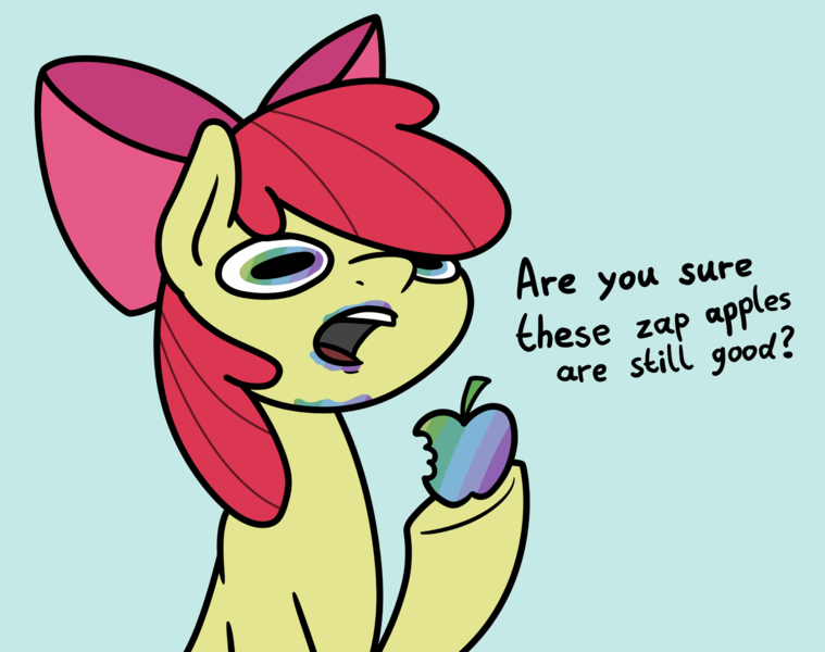 Size: 2048x1618 | Tagged: safe, artist:ewoudcponies, derpibooru import, apple bloom, earth pony, pony, g4, apple, bust, dialogue, female, food, high, hoof hold, image, light blue background, mare, open mouth, png, simple background, solo, tripping balls, zap apple