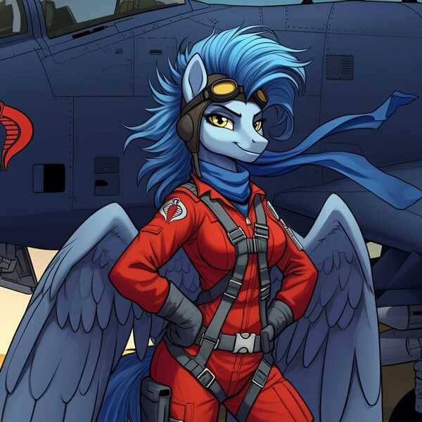 Size: 1024x1024 | Tagged: safe, ai content, derpibooru import, generator:google imagen 3.0, machine learning generated, prompter:zerowinger, nightshade, anthro, pegasus, series:g.i. pony: a real equestrian hero, g4, aviator hat, breasts, clothes, cobra rattler, cosplay, costume, flight suit, g.i. joe, goggles, hand on hip, harness, hat, image, jpeg, plane, scarf, smiling, smirk, solo, spread wings, tack, wild weasel, wings