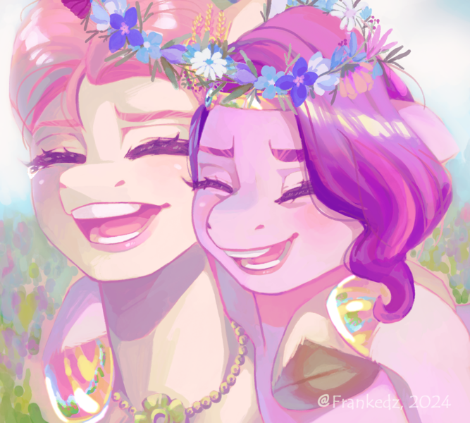 Size: 1200x1080 | Tagged: safe, artist:frank3dz, derpibooru import, pipp petals, posey (g5), earth pony, pegasus, pony, g5, bust, duo, duo female, eyes closed, female, floral head wreath, flower, image, jewelry, laughing, mare, necklace, open mouth, open smile, png, smiling