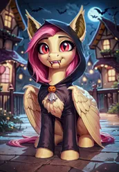 Size: 3840x5568 | Tagged: safe, ai content, derpibooru import, machine learning generated, prompter:zergio, stable diffusion, fluttershy, bat pony, pegasus, pony, g4, absurd file size, adorable face, bat ears, bat ponified, brooch, chest fluff, cloak, clothes, costume, cute, ear fluff, fangs, female, feral, flutterbat, generator:pony diffusion v6 xl, halloween, halloween costume, holiday, hood, hooves, image, jewelry, looking at you, mare, moon, night, png, ponyville, pumpkin, race swap, smiling, solo, standing, wings