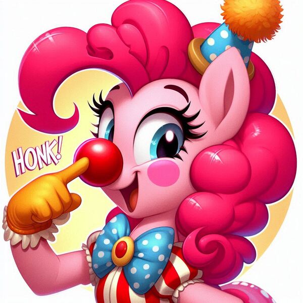 Size: 1024x1024 | Tagged: safe, ai content, derpibooru import, machine learning generated, prompter:heydude5321, pinkie pie, anthro, earth pony, g4, boop, bowtie, clothes, clown, clown nose, female, generator:bing image creator, generator:dall-e 3, gloves, hat, honk, image, jpeg, makeup, red nose, self-boop, solo