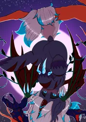 Size: 2894x4093 | Tagged: safe, artist:skylarty, derpibooru import, oc, oc:aether forge, oc:aetherium forge winter storm, unofficial characters only, bat pony, dragon, hybrid, vampire, vampony, wolf, wolf pony, black sclera, black vine, claws, commission, horn, hybrid oc, image, oc focus, png, slit pupils, snake hair, upside down, wyvern wings, zebra stripes