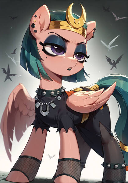 Size: 827x1182 | Tagged: safe, ai content, derpibooru import, generator:dreamup, machine learning generated, prompter:kuporosso, somnambula, pegasus, g4, choker, clothes, eyeshadow, fishnet clothing, fishnets, goth, image, jpeg, makeup, socks, spiked choker, stockings, thigh highs, torn clothes