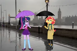 Size: 1292x869 | Tagged: safe, artist:yungstuff, derpibooru import, sci-twi, sunset shimmer, twilight sparkle, human, equestria girls, g4, big ben, duo, duo female, equestria girls in real life, female, image, irl, london, photo, png, umbrella